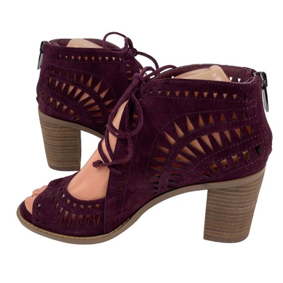 *Vince Camuto Tarita Cut Out Lace Up Burgundy Suede Open Toe Heel Bootie Size 6 - Picture 2 of 16